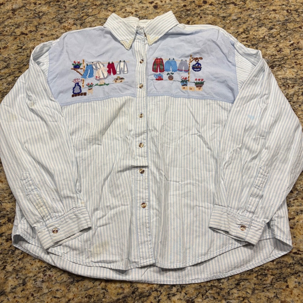 Vintage Woman 3X Seersucker Shirt Blue White Stripe Laundry Line Embroidery v